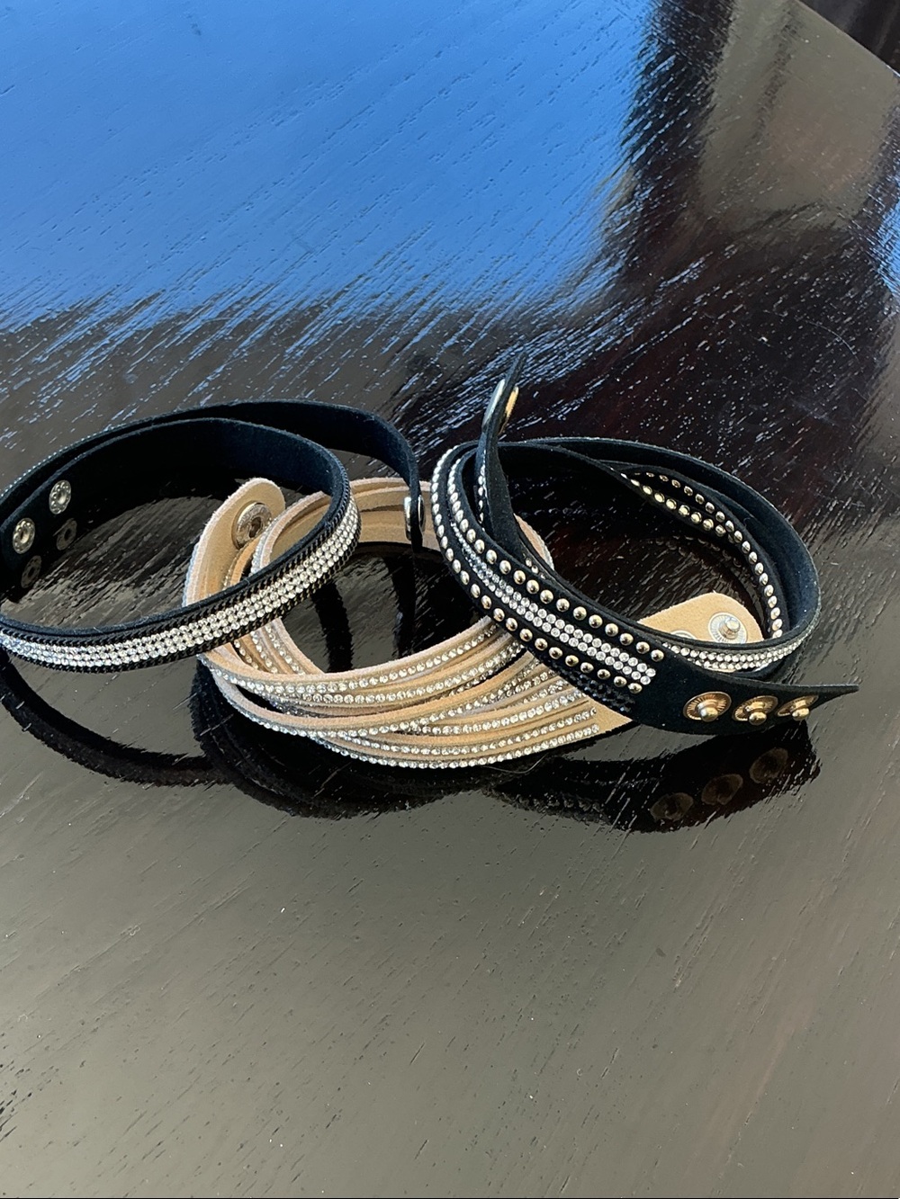 3 Studded Wrap Bracelets - Black and Beige